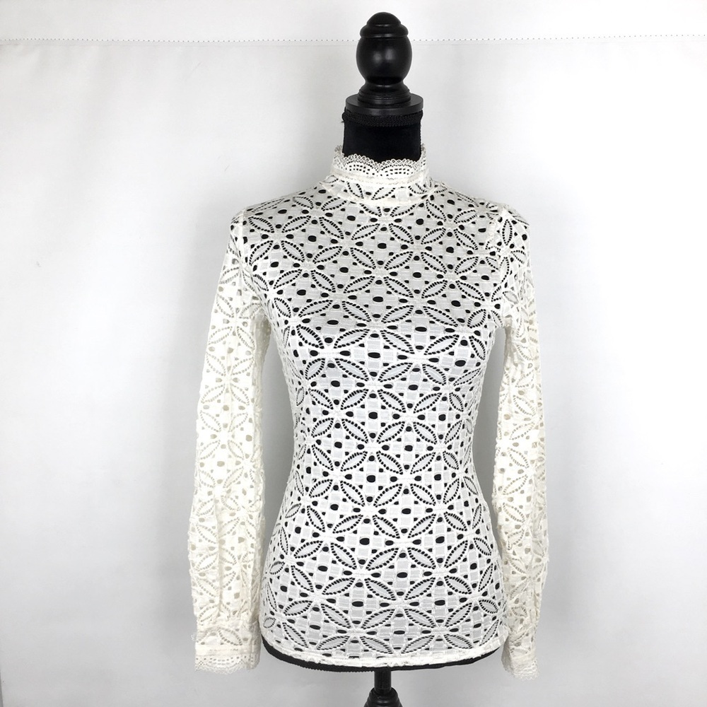 Free People Floral Lace Mock Neck Long Sleeve Top Ivory Women’s Size Small
